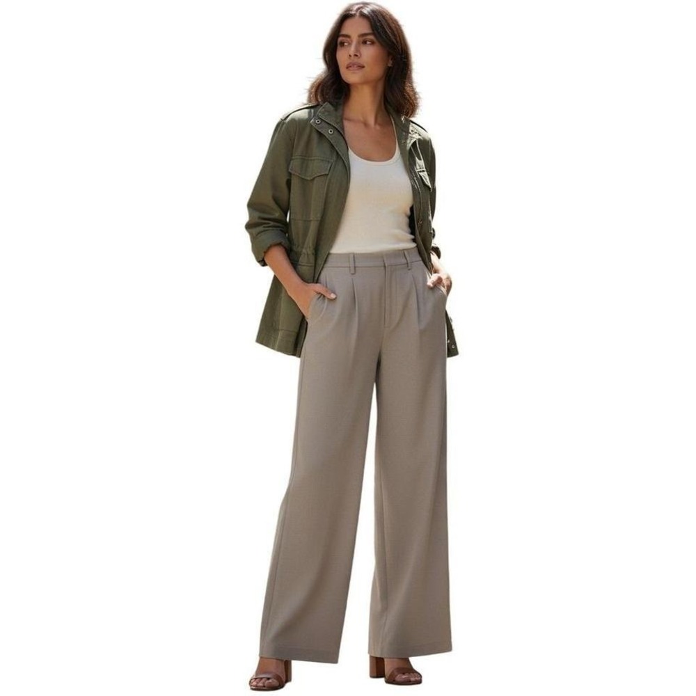 ZARA NWT Beige Linen Blend Wide Leg Trousers High Rise Button Fly 31 Minimalist